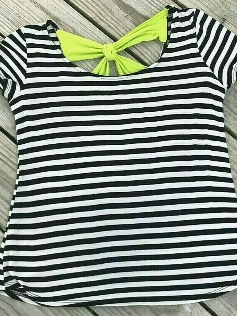 Perseption Black & White Striped Short Sleeve Top with Neon Green Back Tie